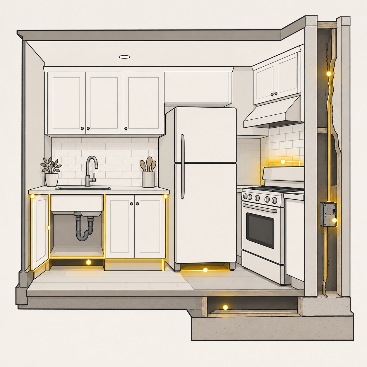 Kitchen cutaway showing where German cockroaches hide, including under the sink, behind the refrigerator and stove, near electrical boxes, and inside wall voids